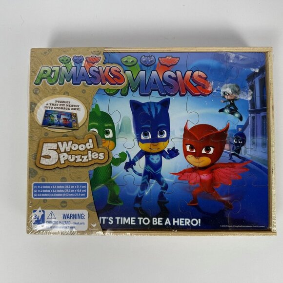 Puzzle~"PJ Masks" Set of Five Wooden Puzzles In One Wooden Box NEW SEALED - Picture 1 of 12